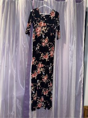Pinkblush Black Maxi Dress with Pink Rose Floral Print
